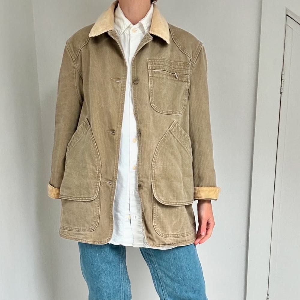 Vintage L.L. Bean Herringbone Field Chore Barn Coat Jacket Men's Olive Tan M - Picture 2 of 6